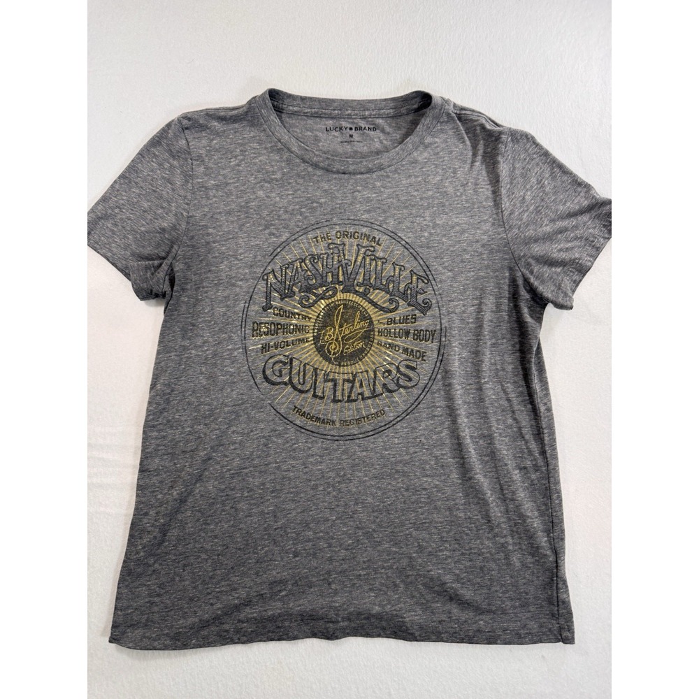 Lucky Brand Nashville Guitar Graphic Tee Women's Medium Gray Vintage Wash EUC